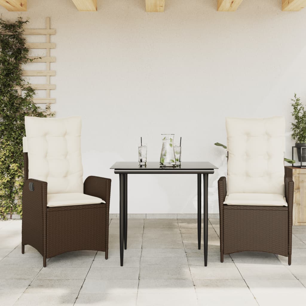 Set da Pranzo da Giardino 3pz con Cuscini in Polyrattan Marrone | homemem39