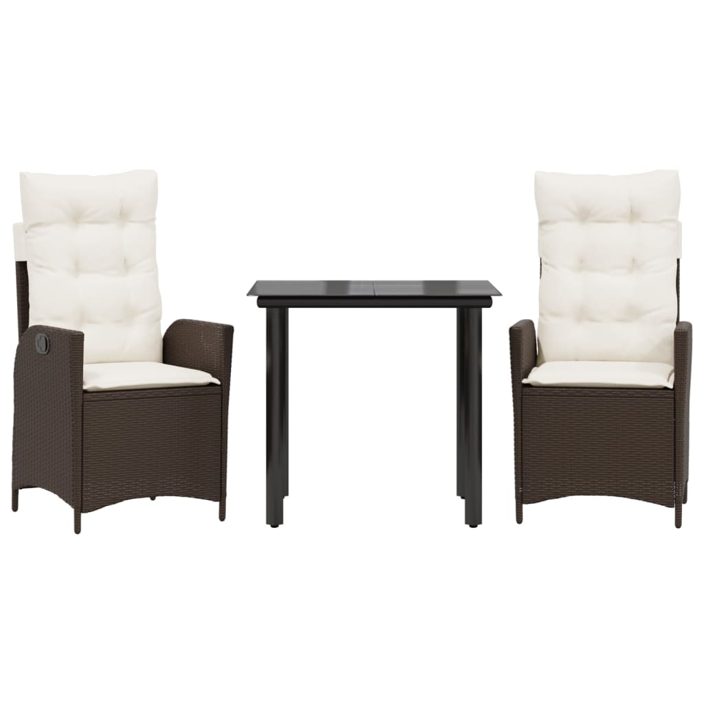 Set da Pranzo da Giardino 3pz con Cuscini in Polyrattan Marrone | homemem39