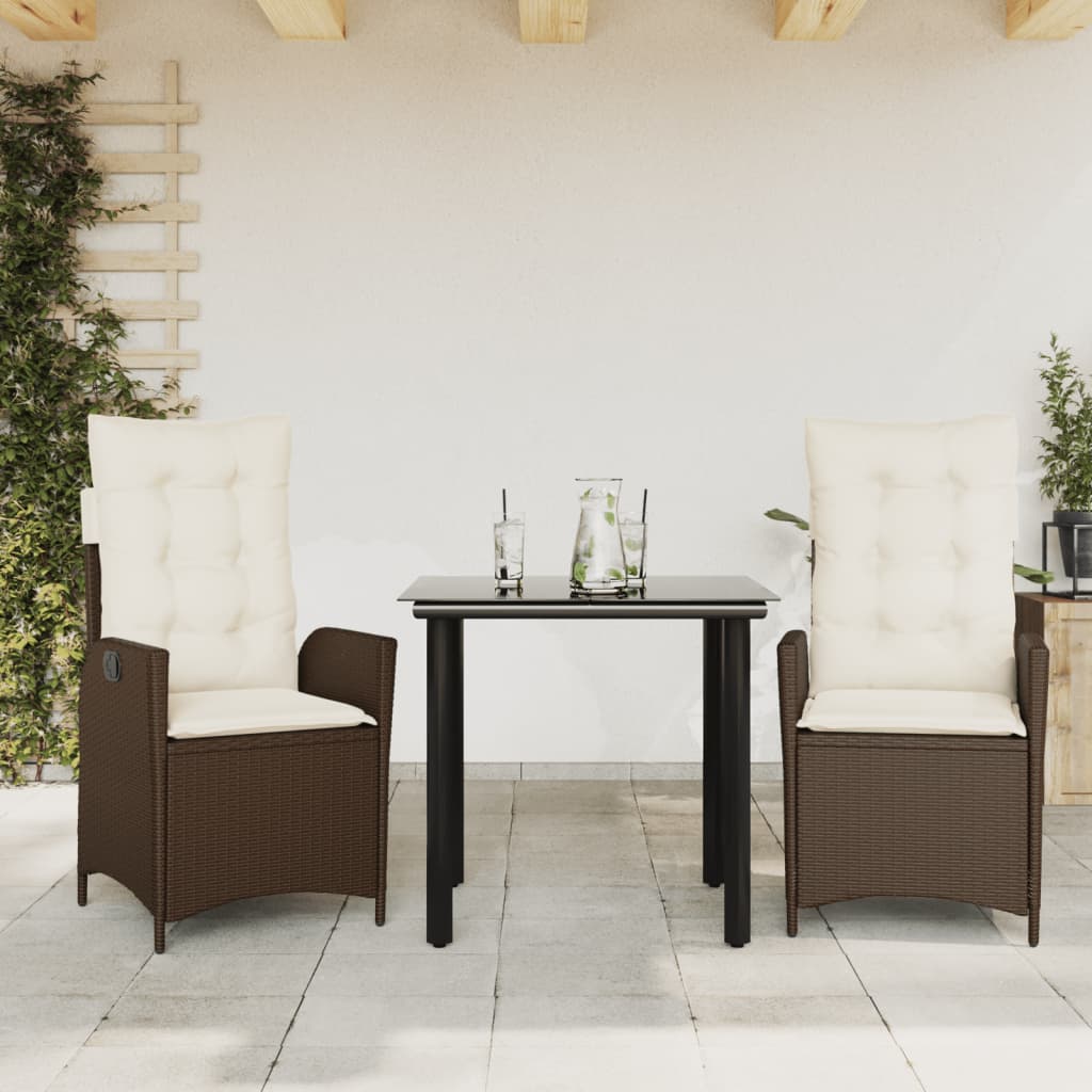 Set da Pranzo da Giardino 3pz con Cuscini in Polyrattan Marrone | homemem39