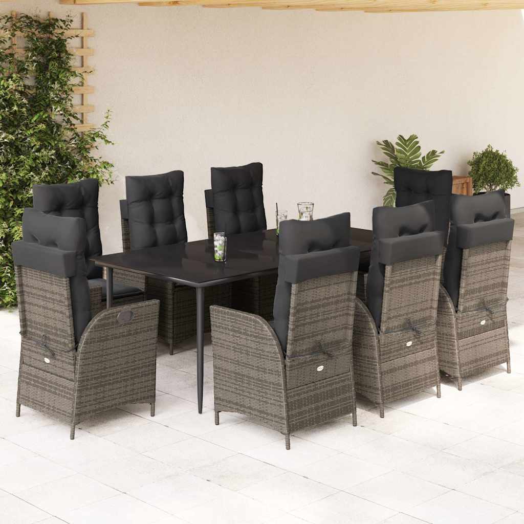 Set da Pranzo da Giardino 9 pz con Cuscini in Polyrattan Grigio - homemem39