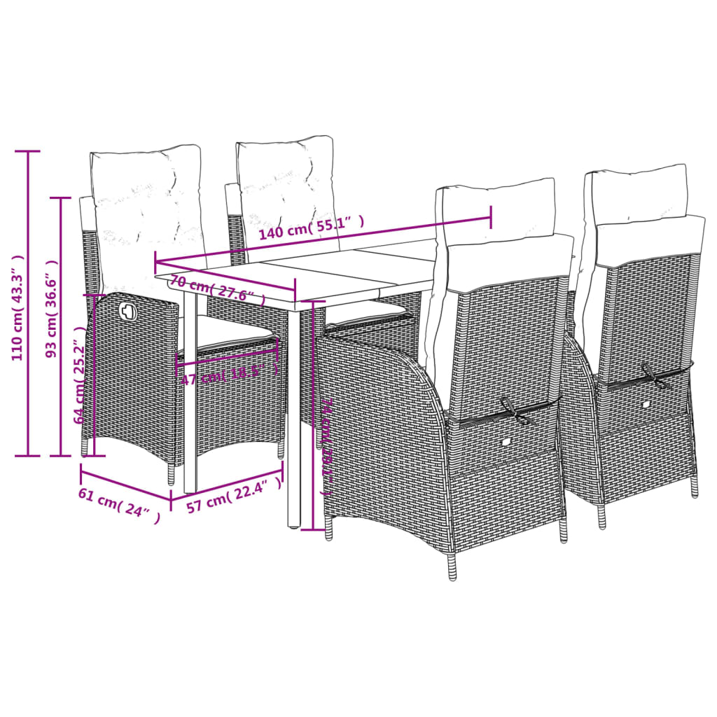 Set da Pranzo da Giardino 5 pz con Cuscini in Polyrattan Grigio | homemem39