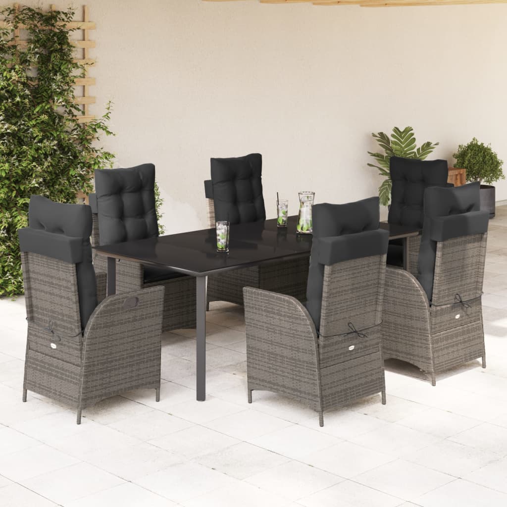 Set da Pranzo da Giardino 7 pz con Cuscini in Polyrattan Grigio