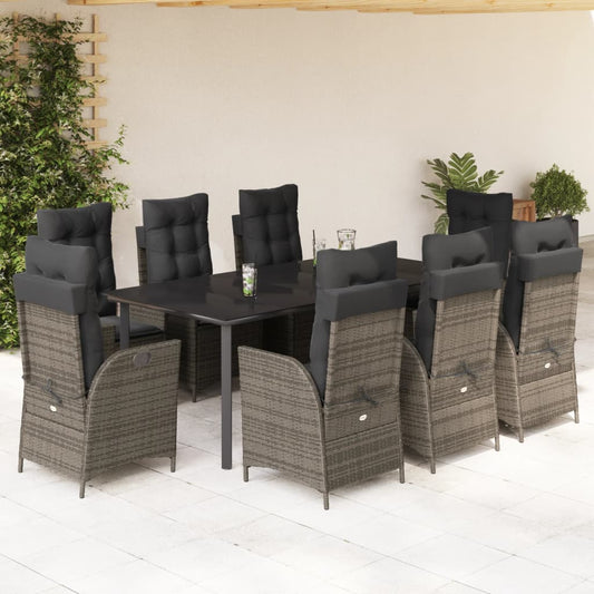 Set da Pranzo da Giardino 9 pz con Cuscini in Polyrattan Grigio - homemem39