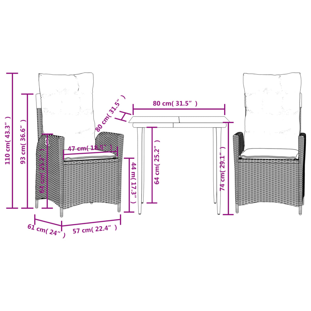 Set da Pranzo da Giardino 3 pz con Cuscini Beige in Polyrattan | homemem39