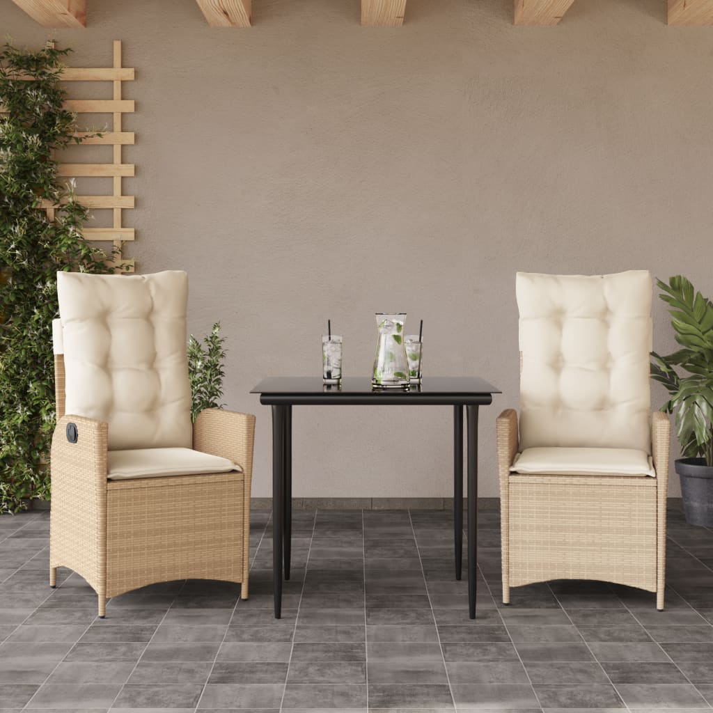 Set da Pranzo da Giardino 3 pz con Cuscini Beige in Polyrattan | homemem39