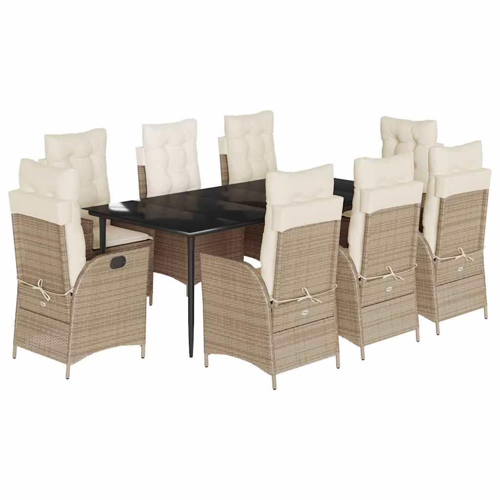Set da Pranzo da Giardino 9 pz con Cuscini Beige in Polyrattan - homemem39
