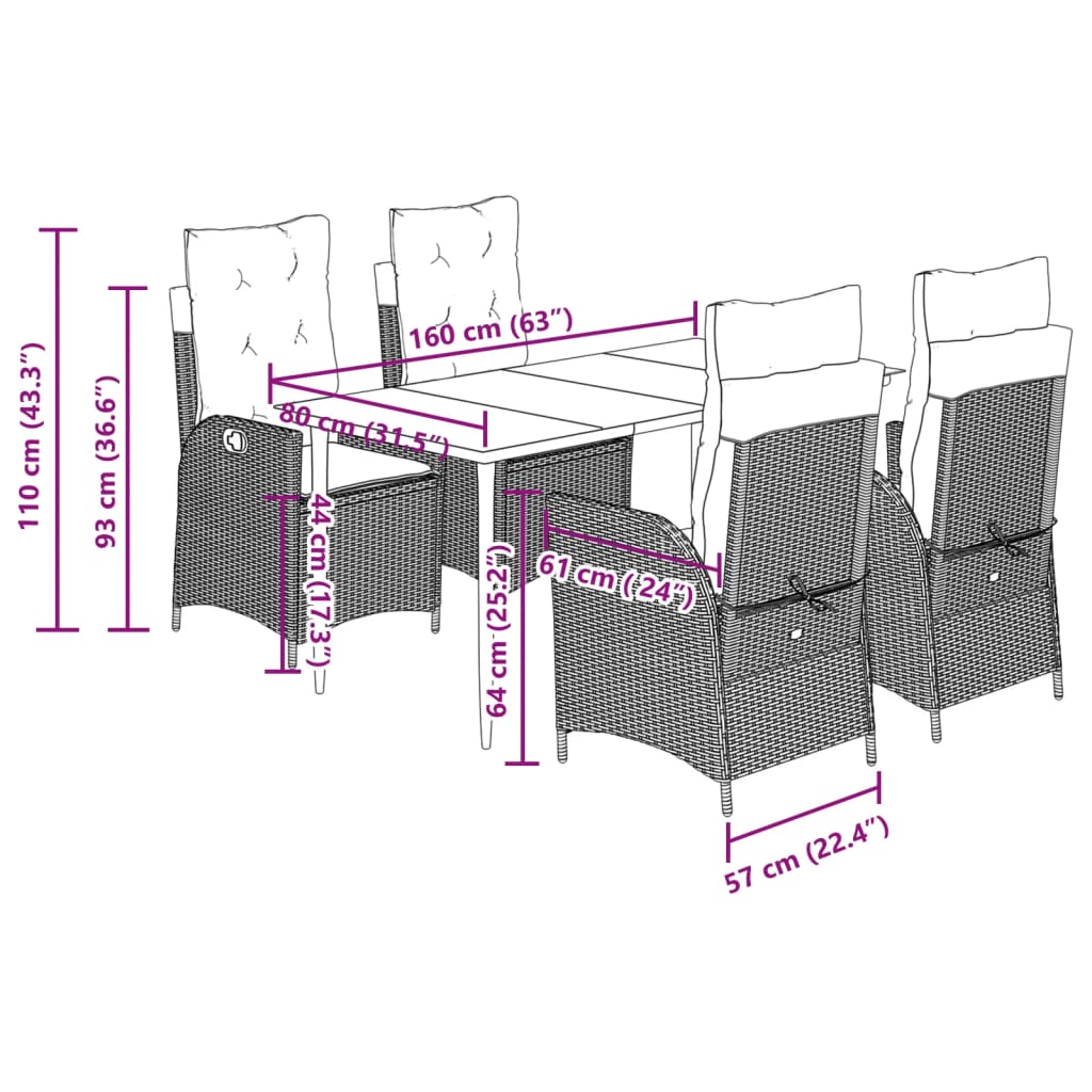 Set da Pranzo da Giardino 5 pz con Cuscini Beige in Polyrattan | homemem39