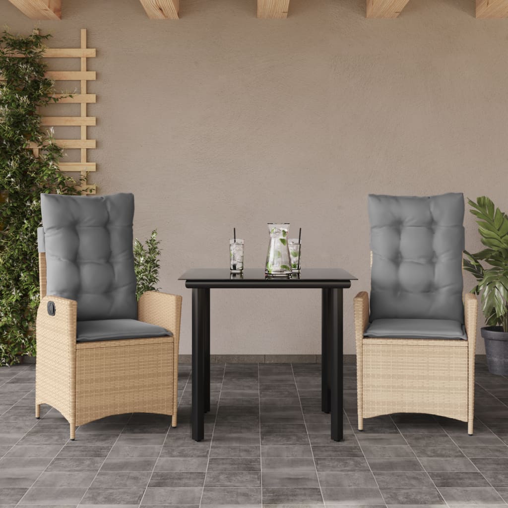 Set da Pranzo da Giardino 3 pz con Cuscini Beige in Polyrattan | homemem39