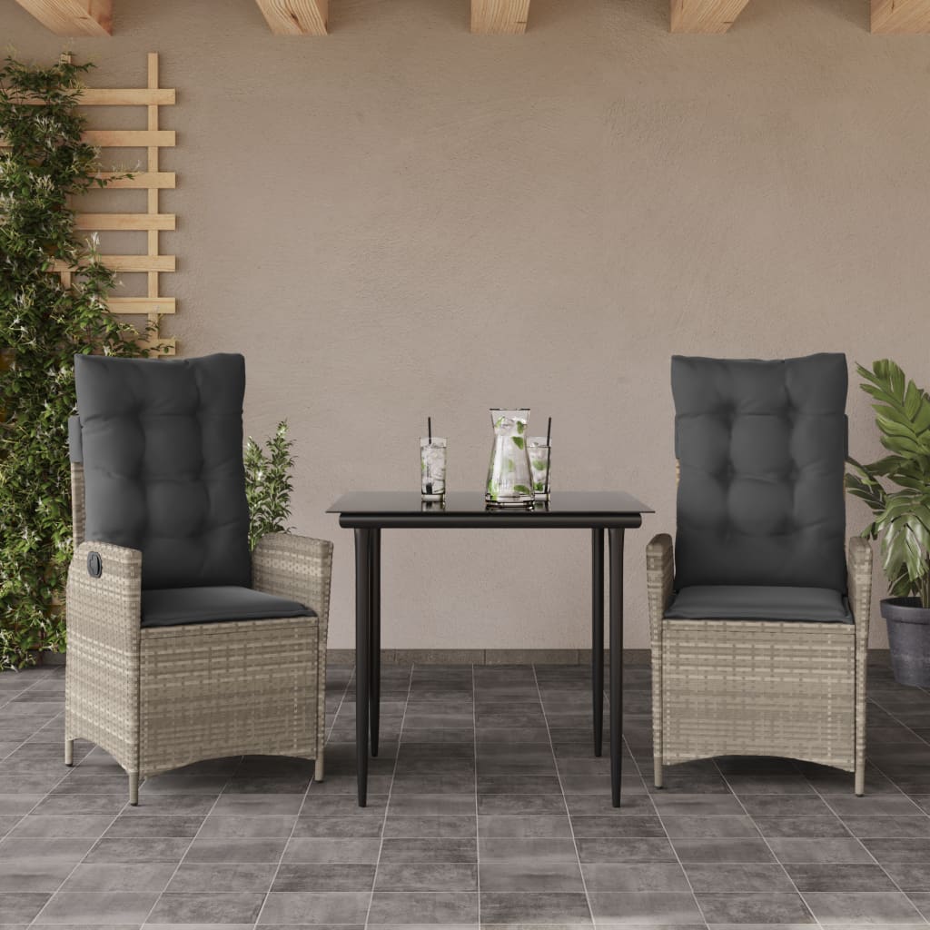 Set Pranzo da Giardino 3pz con Cuscini Grigio Chiaro Polyrattan - homemem39