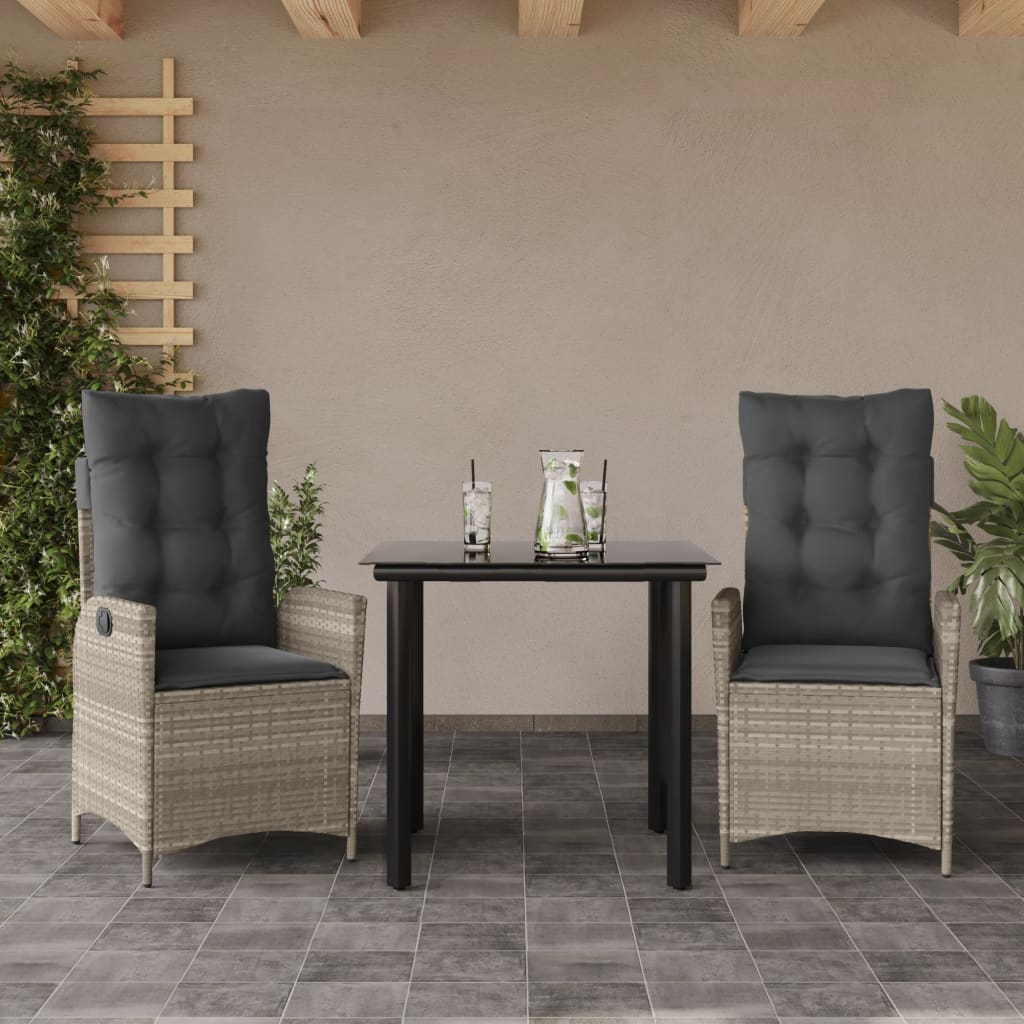 Set Pranzo da Giardino 3pz con Cuscini Grigio Chiaro Polyrattan | homemem39