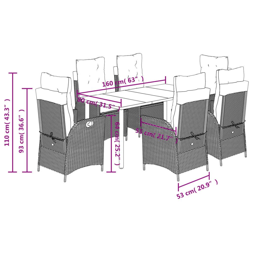 Set da Pranzo da Giardino 7 pz Cuscini Polyrattan Grigio Chiaro | homemem39