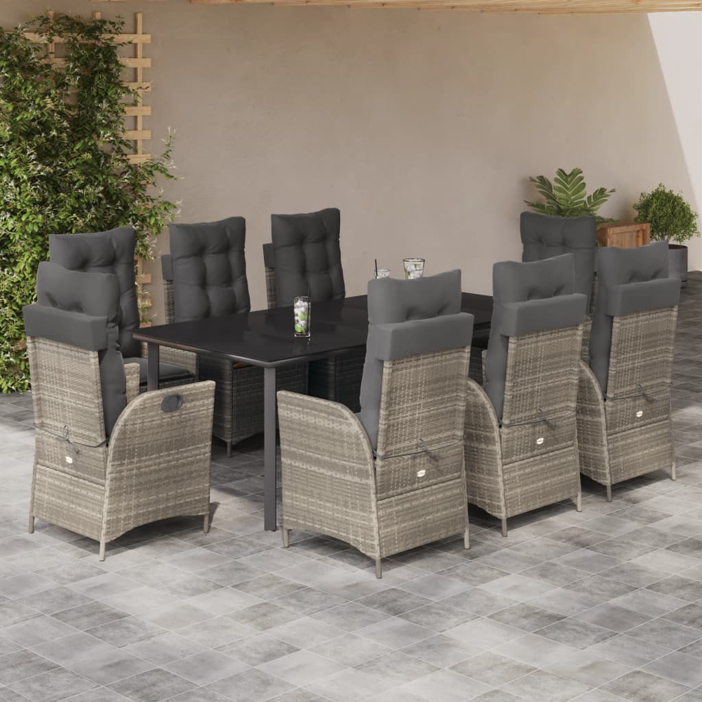 Set Pranzo da Giardino 9pz con Cuscini Grigio Chiaro Polyrattan | homemem39