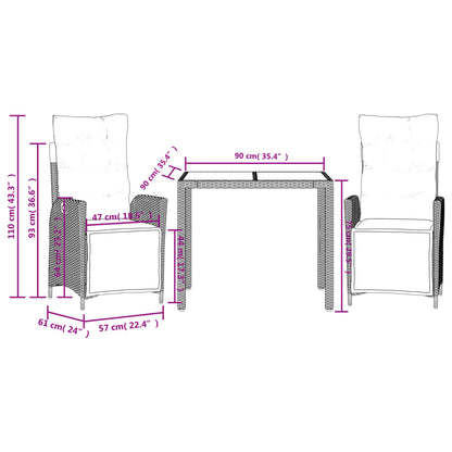 Set da Pranzo da Giardino 3 pz con Cuscini Nero in Polyrattan | homemem39
