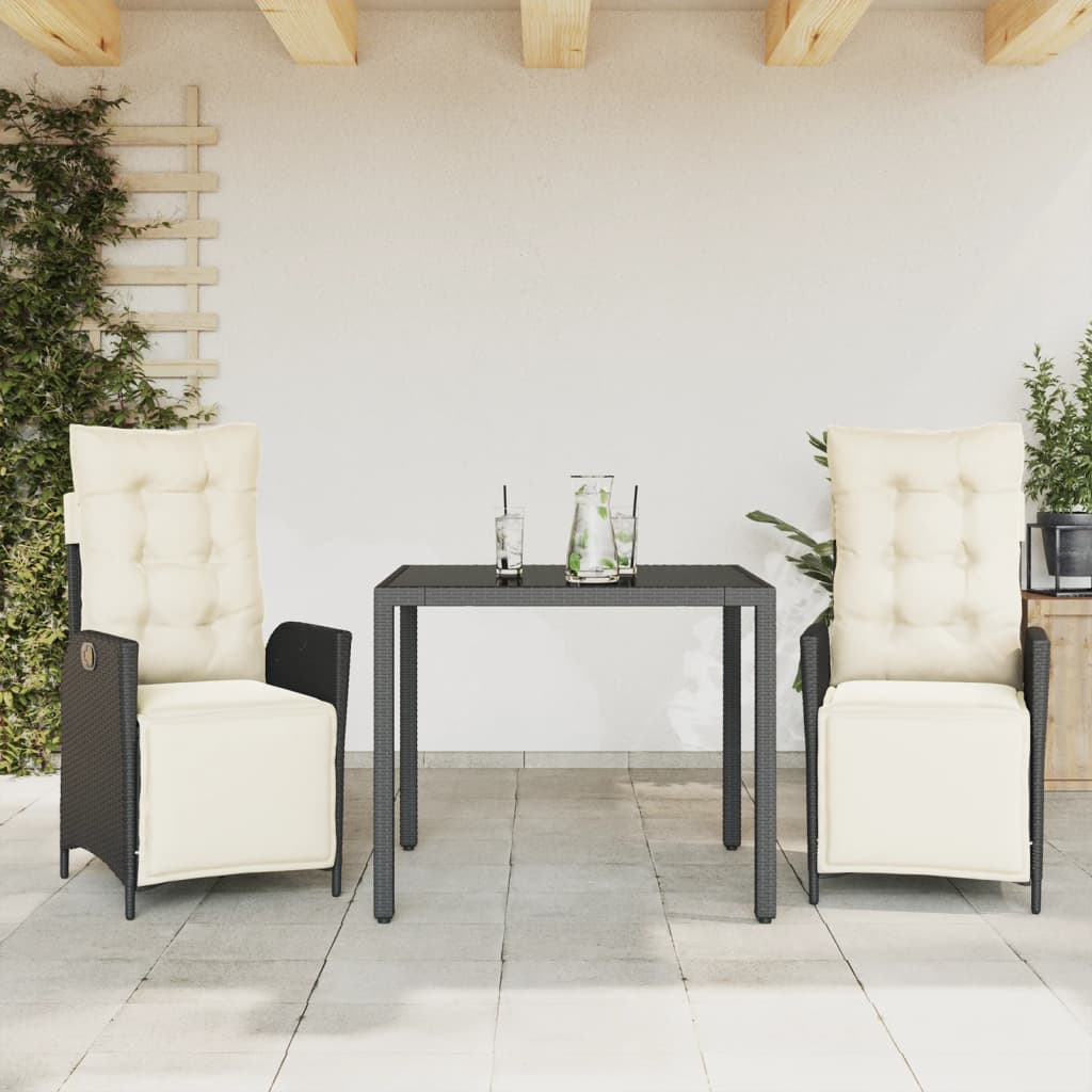 Set da Pranzo da Giardino 3 pz con Cuscini Nero in Polyrattan | homemem39