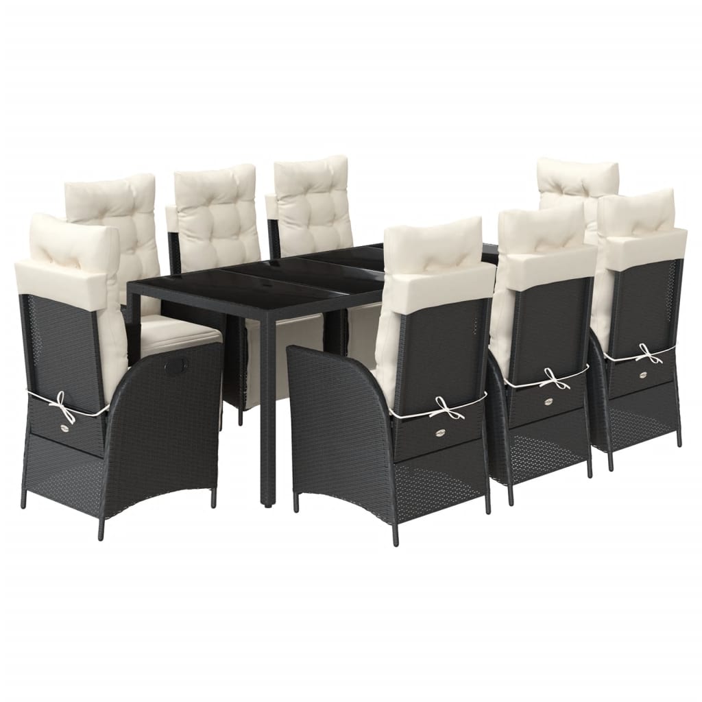 Set da Pranzo da Giardino 9 pz con Cuscini Nero in Polyrattan | homemem39
