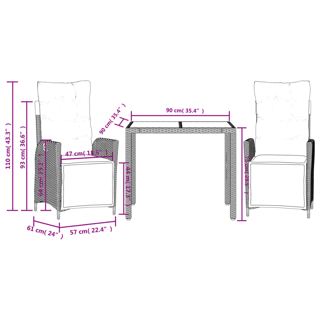 Set da Pranzo da Giardino 3 pz con Cuscini Nero in Polyrattan | homemem39