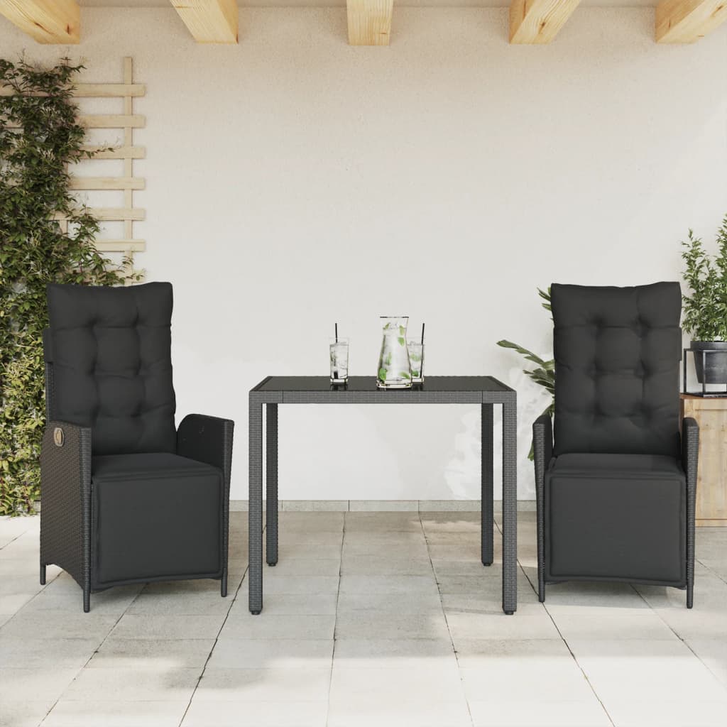 Set da Pranzo da Giardino 3 pz con Cuscini Nero in Polyrattan | homemem39