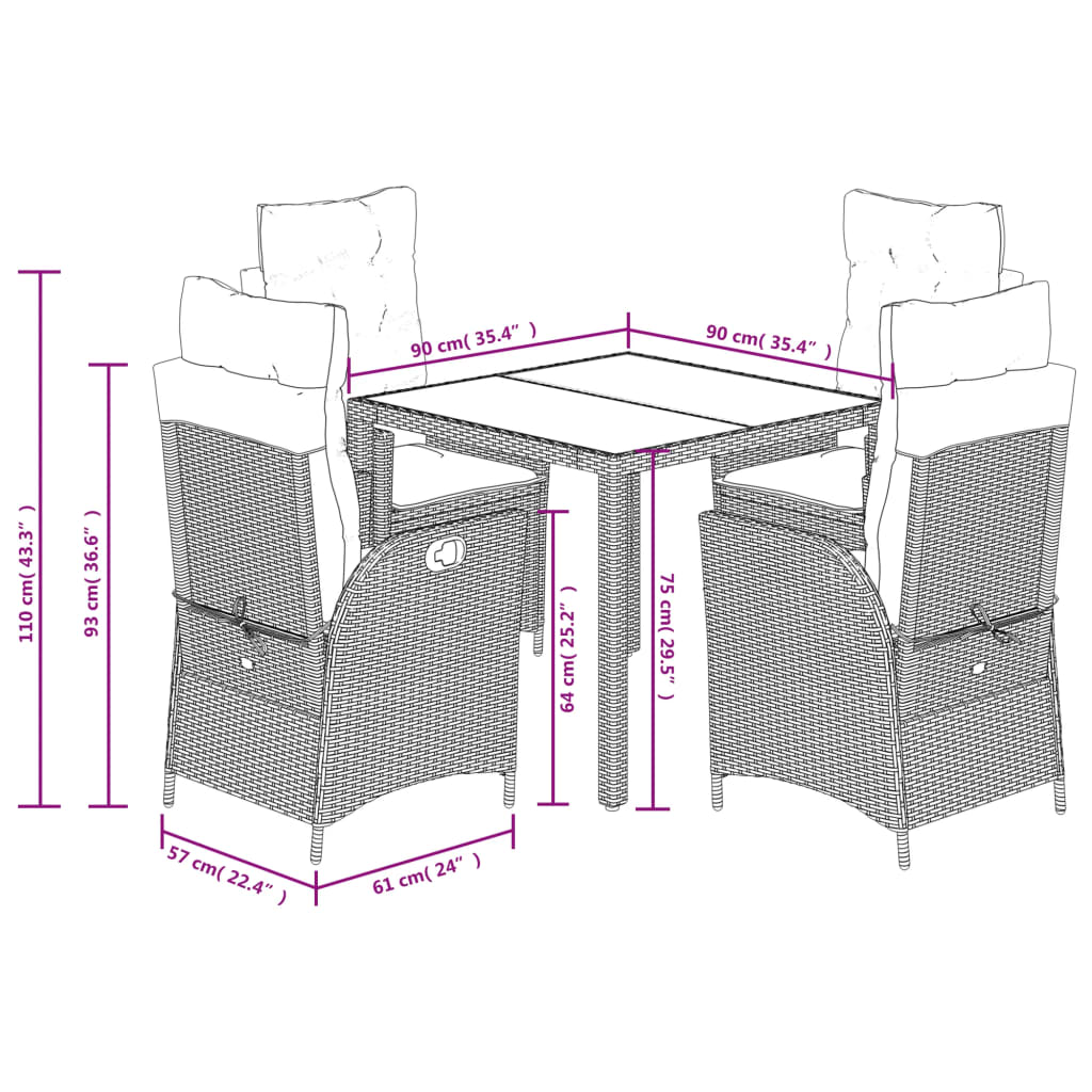 Set da Pranzo da Giardino 5 pz Nero con Cuscini in Polyrattan | homemem39