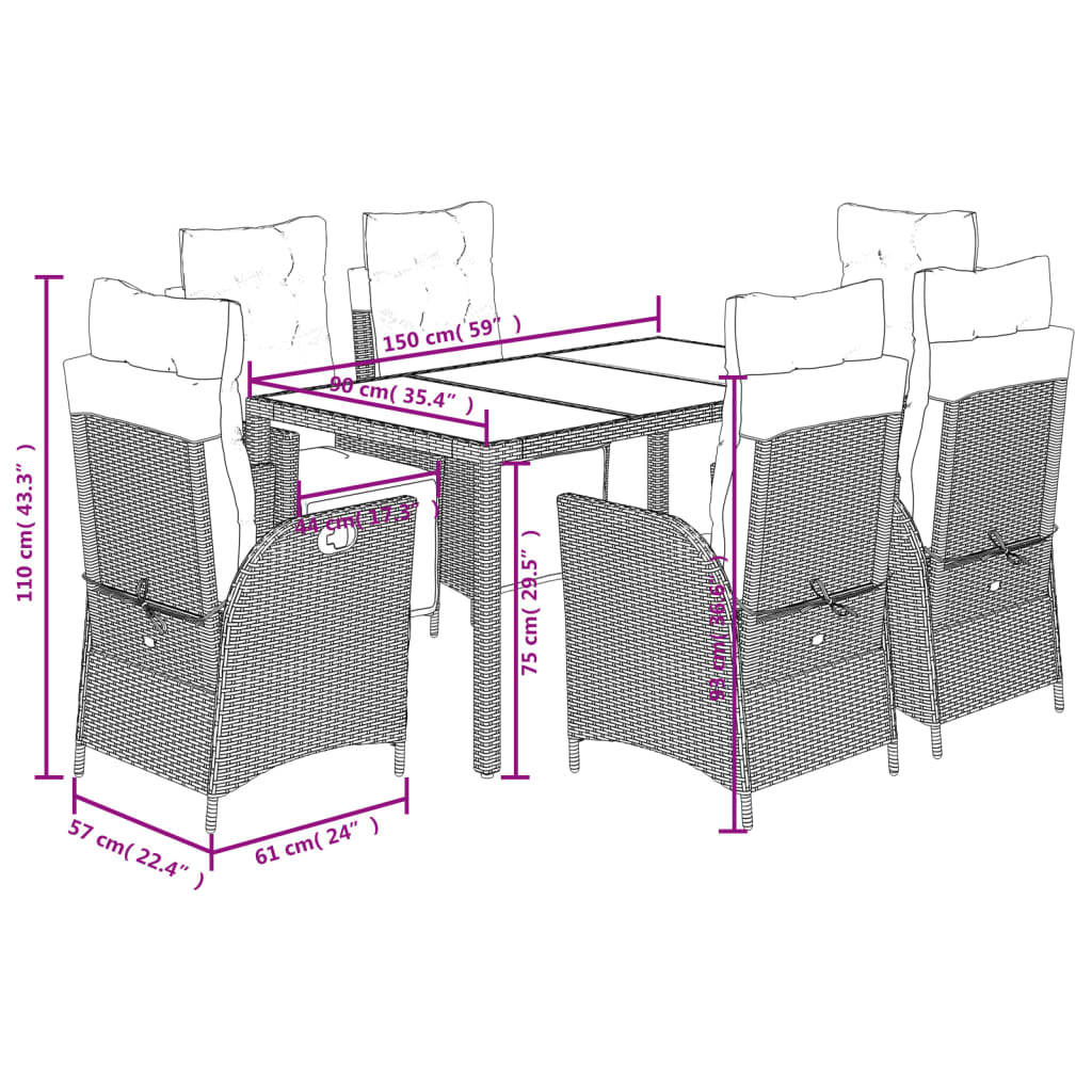 Set da Pranzo da Giardino 7 pz con Cuscini in Polyrattan Grigio | homemem39
