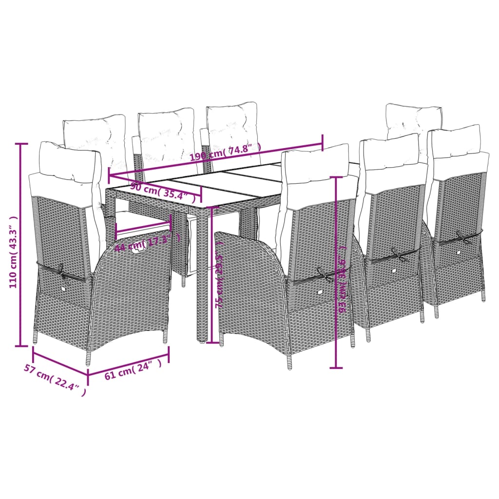 Set da Pranzo da Giardino 9 pz con Cuscini in Polyrattan Grigio - homemem39
