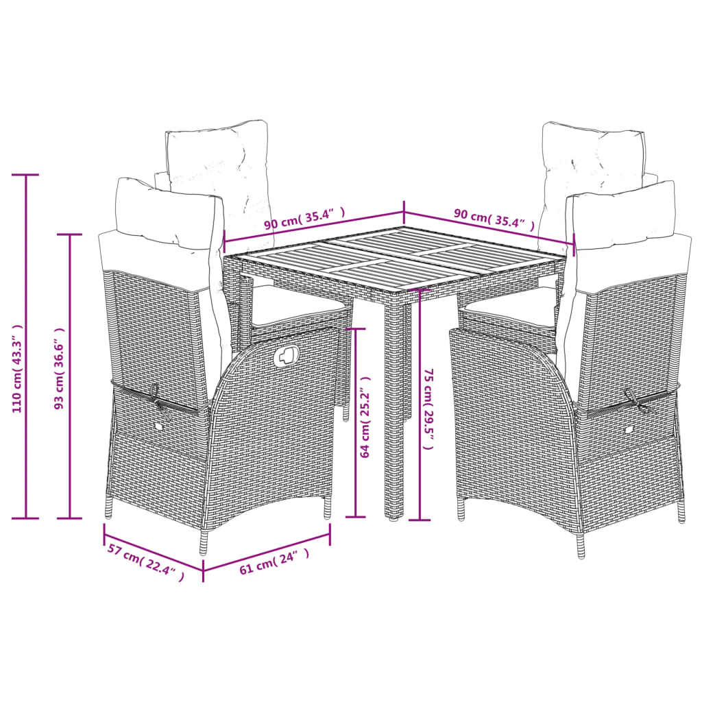 Set da Pranzo da Giardino 5 pz Nero con Cuscini in Polyrattan | homemem39