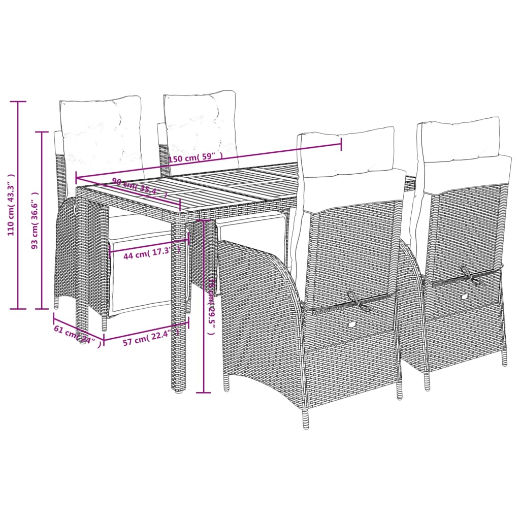 Set da Pranzo da Giardino 5 pz Nero con Cuscini in Polyrattan | homemem39