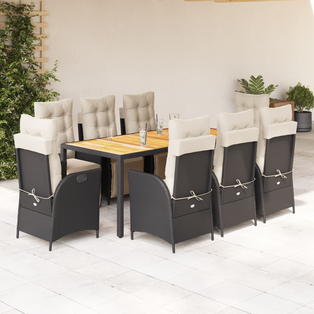 Set da Pranzo da Giardino 9 pz con Cuscini Nero in Polyrattan | homemem39
