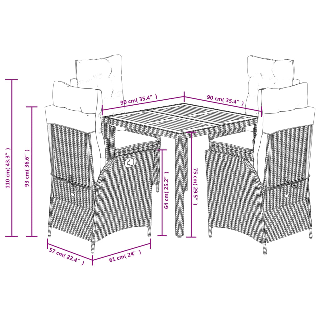 Set da Pranzo da Giardino 5 pz Nero con Cuscini in Polyrattan | homemem39