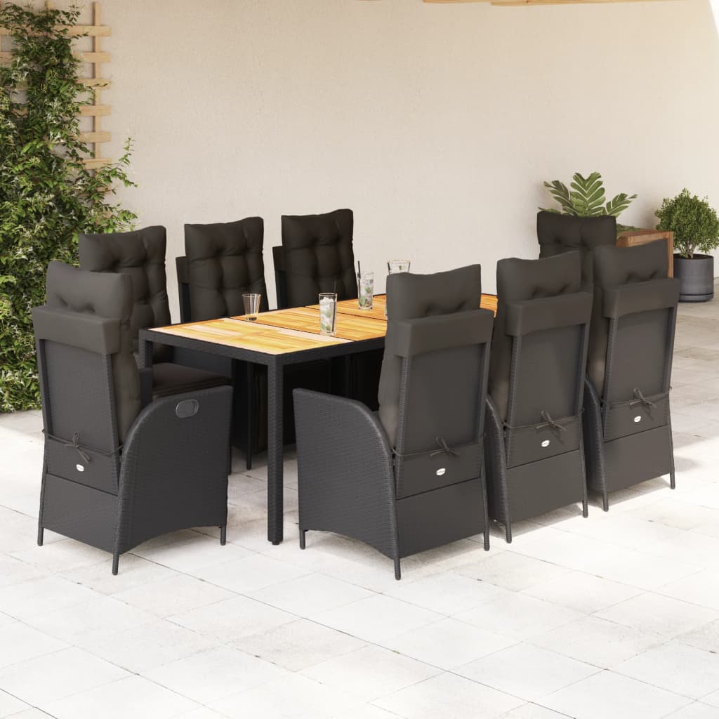 Set da Pranzo da Giardino 9 pz con Cuscini Nero in Polyrattan - homemem39