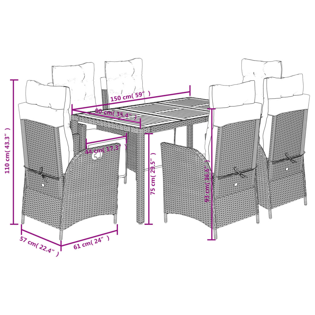 Set da Pranzo da Giardino 7 pz con Cuscini in Polyrattan Grigio | homemem39