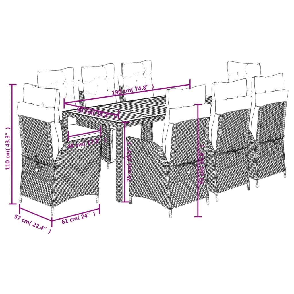 Set da Pranzo da Giardino 9 pz con Cuscini in Polyrattan Grigio | homemem39