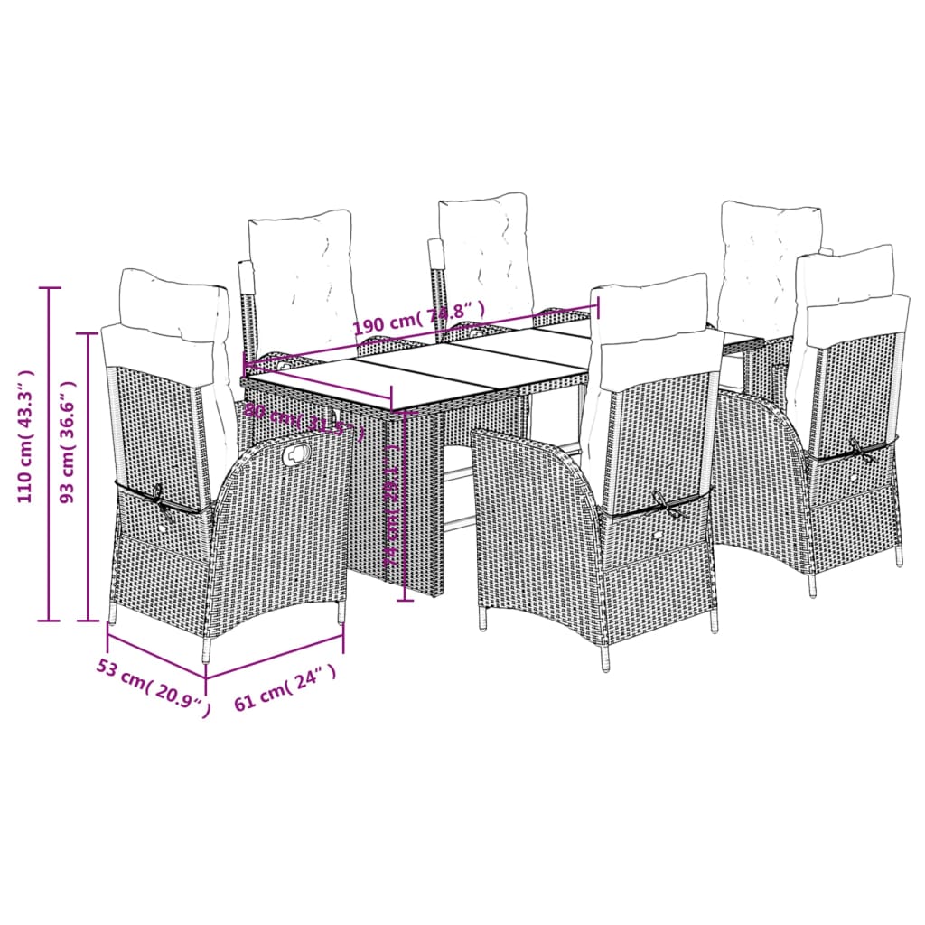 Set da Pranzo da Giardino 7 pz Nero con Cuscini in Polyrattan | homemem39