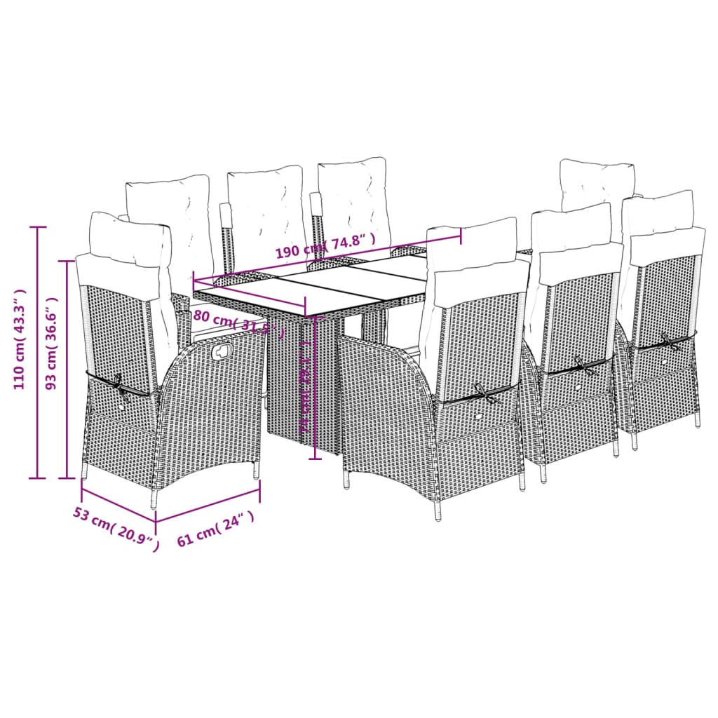 Set da Pranzo da Giardino 9 pz con Cuscini Nero in Polyrattan | homemem39