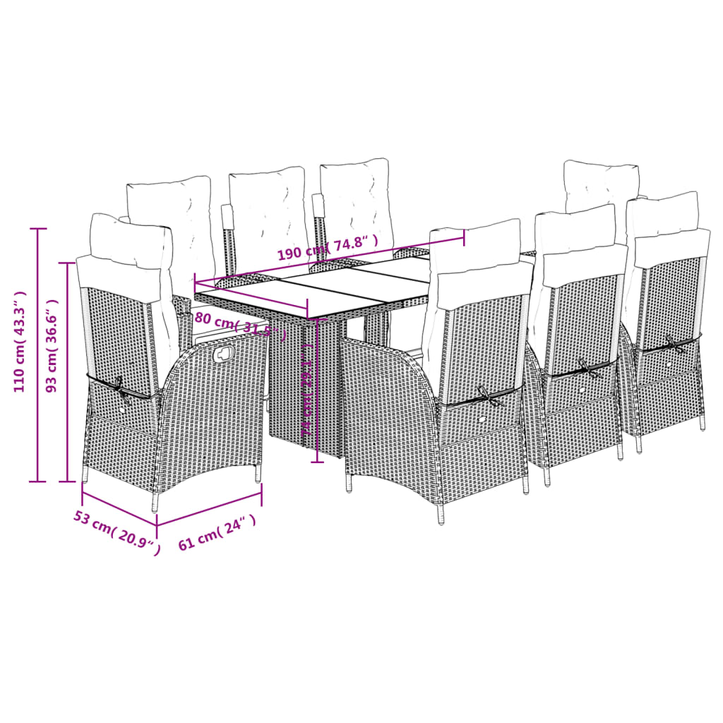 Set da Pranzo da Giardino 9 pz con Cuscini Nero in Polyrattan | homemem39