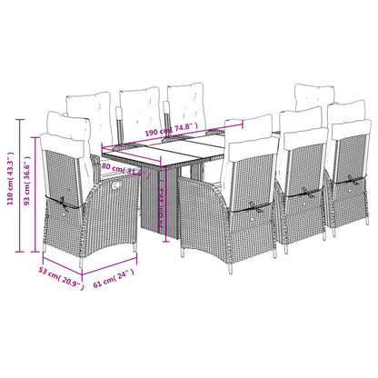 Set da Pranzo da Giardino 9 pz con Cuscini Nero in Polyrattan | homemem39
