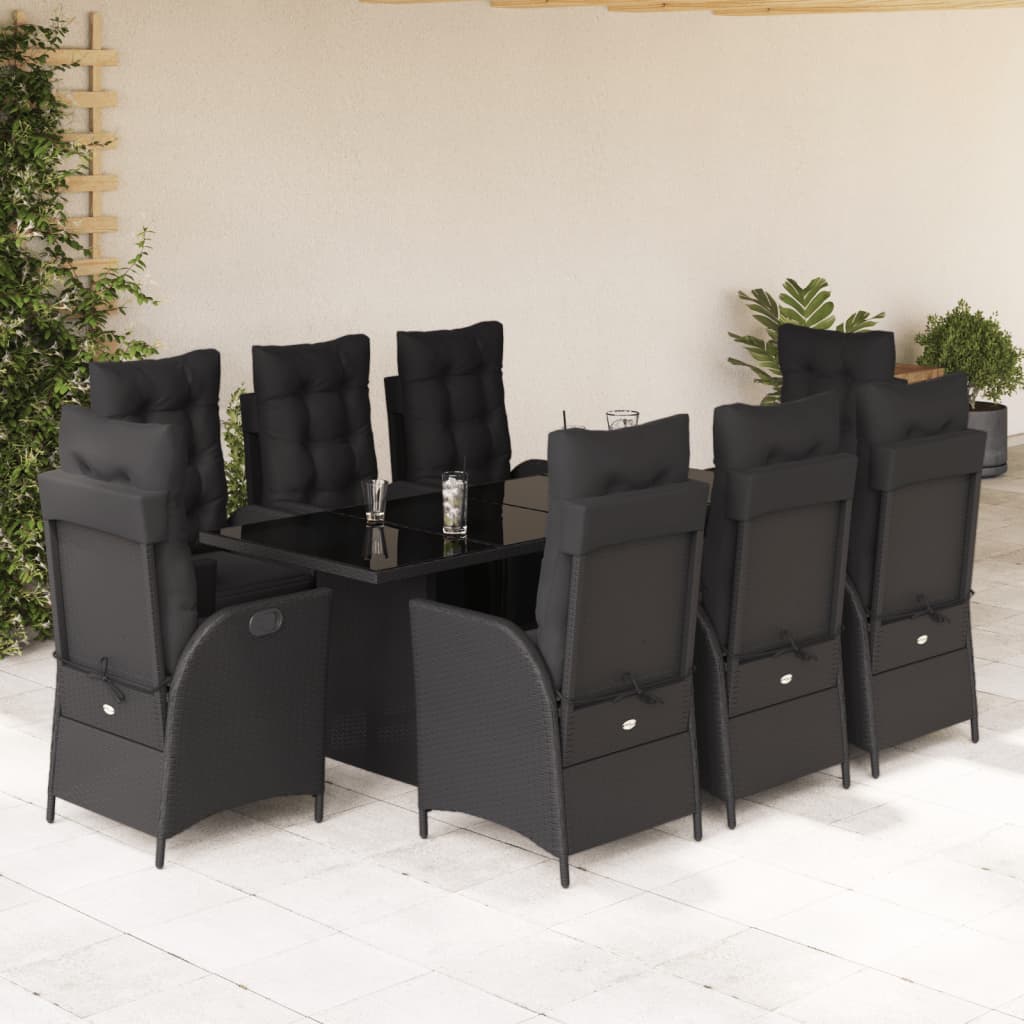 Set da Pranzo da Giardino 9 pz con Cuscini Nero in Polyrattan | homemem39