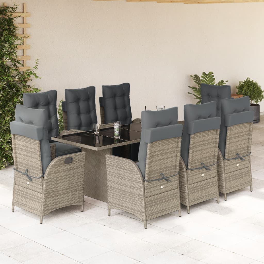 Set da Pranzo da Giardino 9 pz con Cuscini in Polyrattan Grigio - homemem39