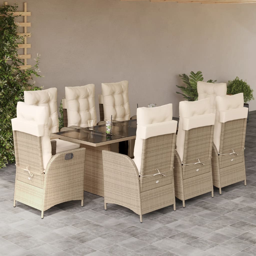 Set da Pranzo da Giardino 9 pz con Cuscini Beige in Polyrattan | homemem39