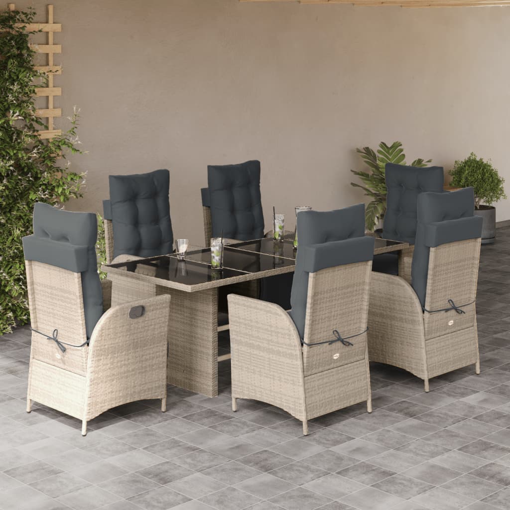 Set da Pranzo da Giardino 7 pz Cuscini Polyrattan Grigio Chiaro | homemem39