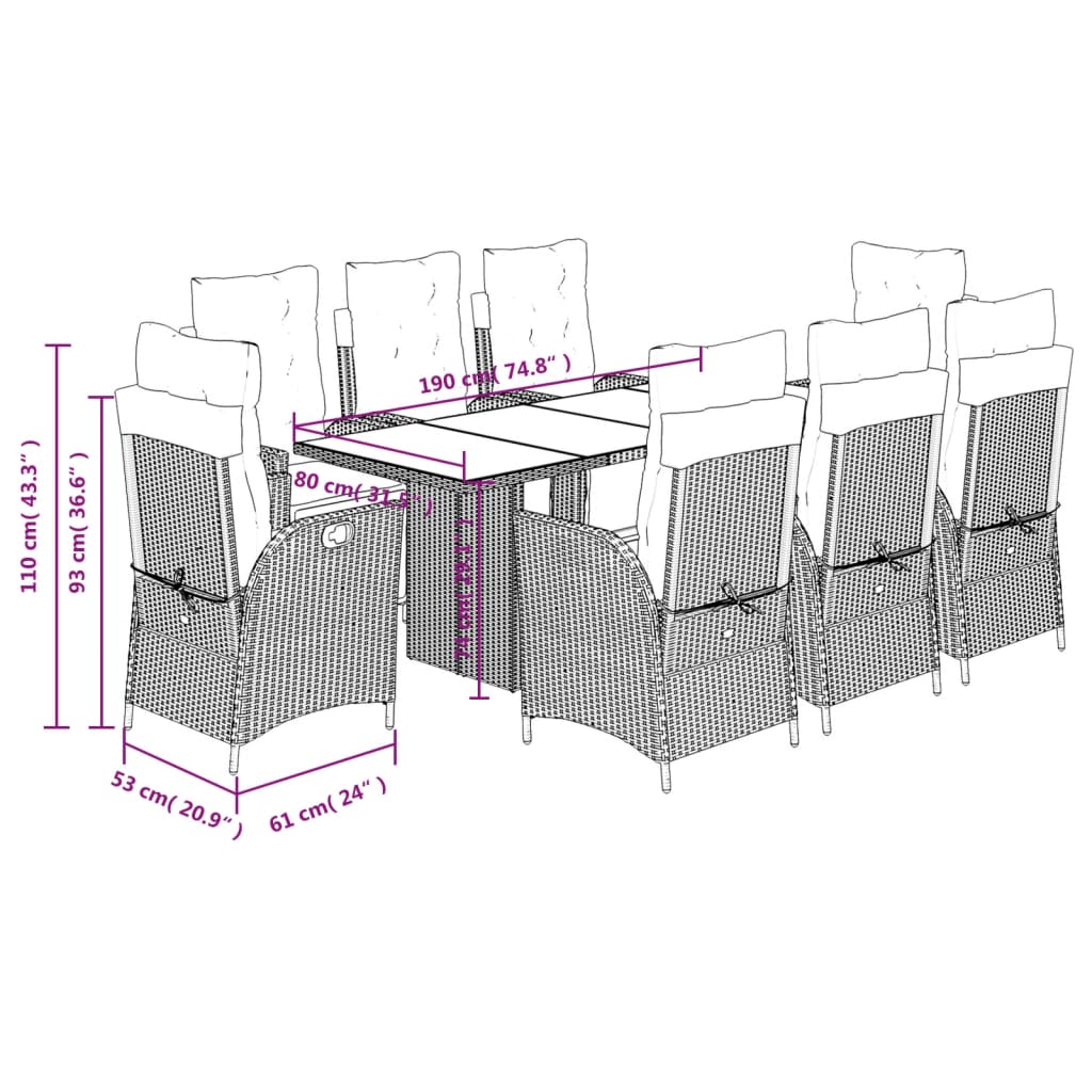Set Pranzo da Giardino 9pz con Cuscini Grigio Chiaro Polyrattan | homemem39
