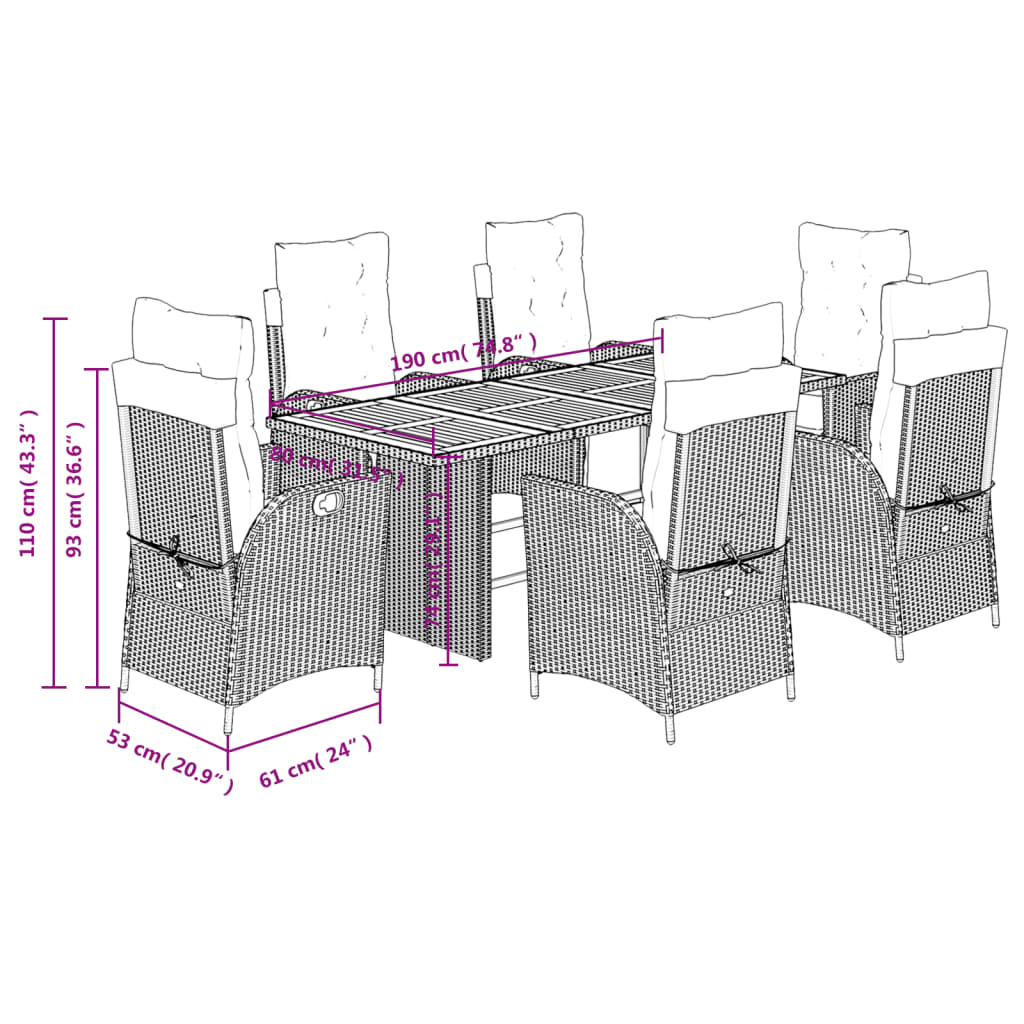 Set da Pranzo da Giardino 7 pz Nero con Cuscini in Polyrattan | homemem39