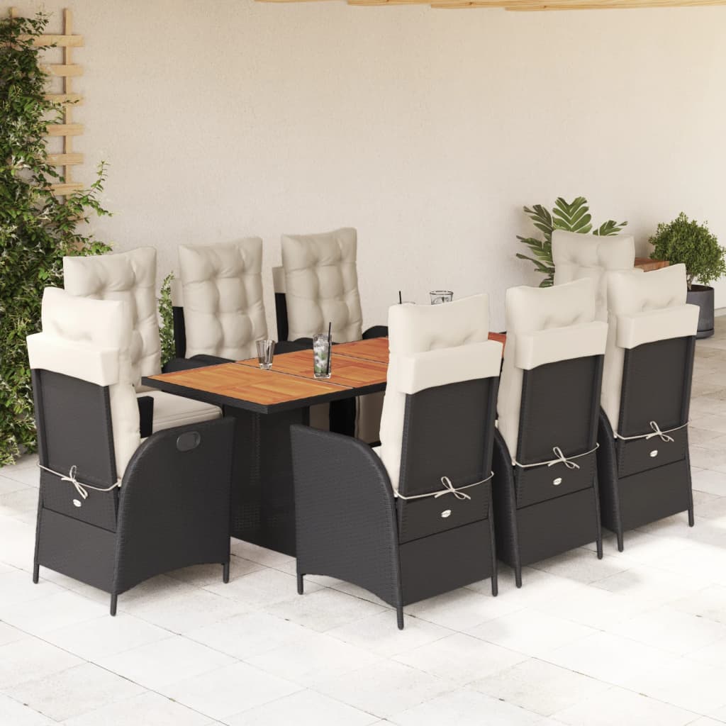 Set da Pranzo da Giardino 9 pz con Cuscini Nero in Polyrattan - homemem39