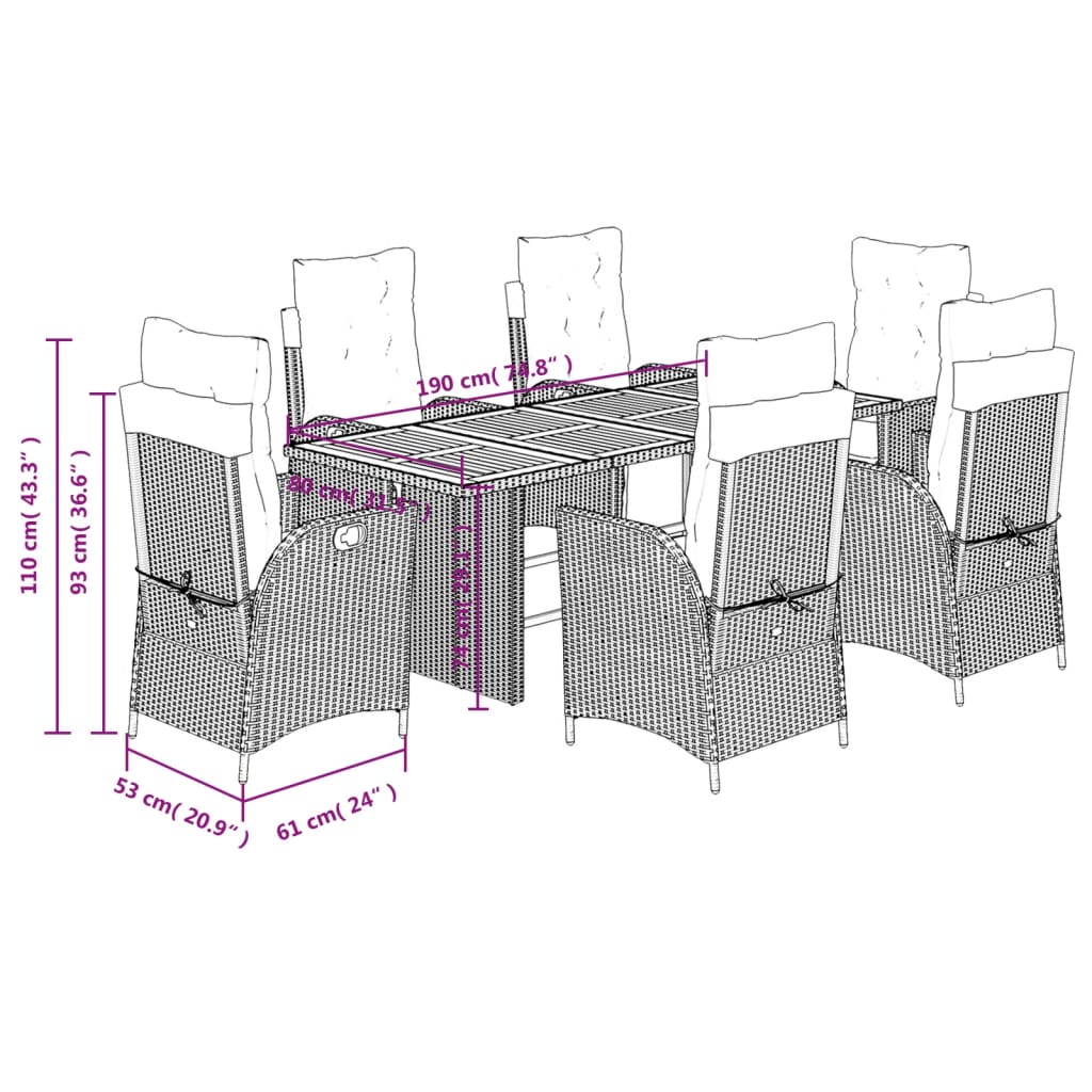 Set da Pranzo da Giardino 7 pz Nero con Cuscini in Polyrattan | homemem39