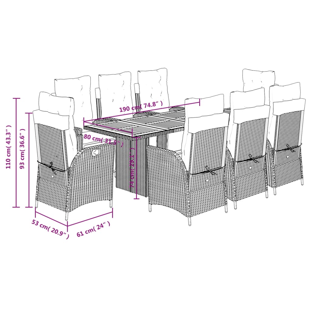 Set da Pranzo da Giardino 9 pz con Cuscini Nero in Polyrattan | homemem39