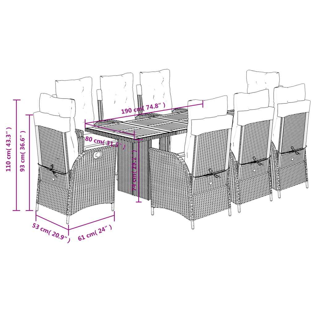 Set da Pranzo da Giardino 9 pz con Cuscini in Polyrattan Grigio | homemem39