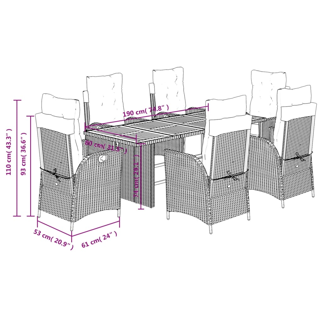 Set da Pranzo da Giardino 7 pz con Cuscini Beige in Polyrattan | homemem39