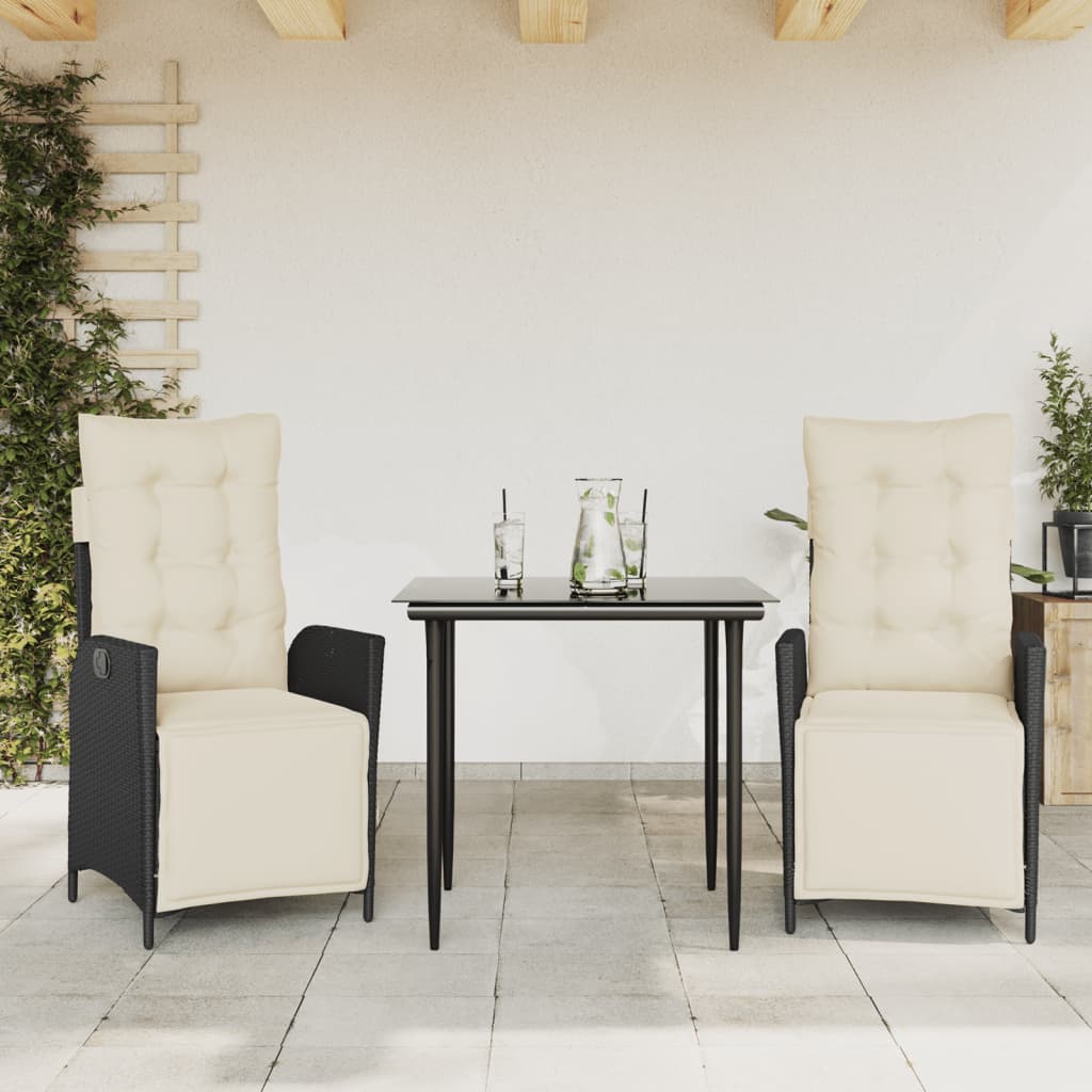 Set da Pranzo da Giardino 3 pz con Cuscini Nero in Polyrattan - homemem39