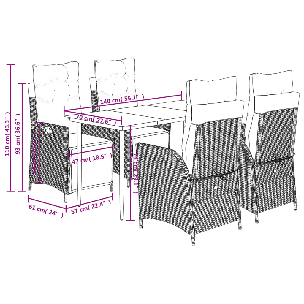 Set da Pranzo da Giardino 5 pz Nero con Cuscini in Polyrattan | homemem39