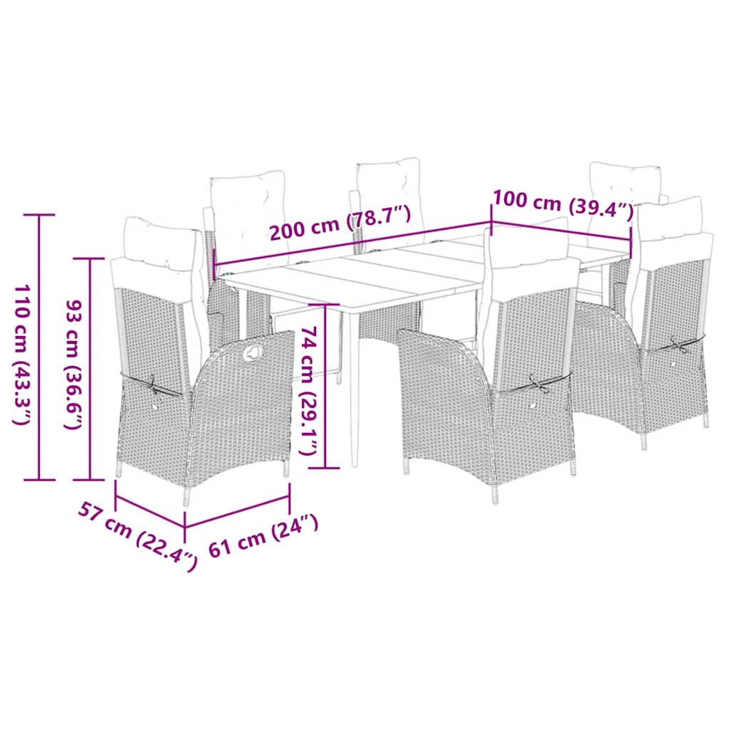 Set da Pranzo da Giardino 7 pz Nero con Cuscini in Polyrattan - homemem39