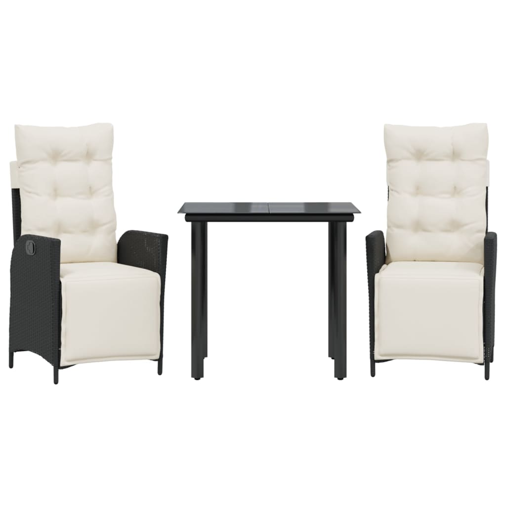 Set da Pranzo da Giardino 3 pz con Cuscini Nero in Polyrattan
